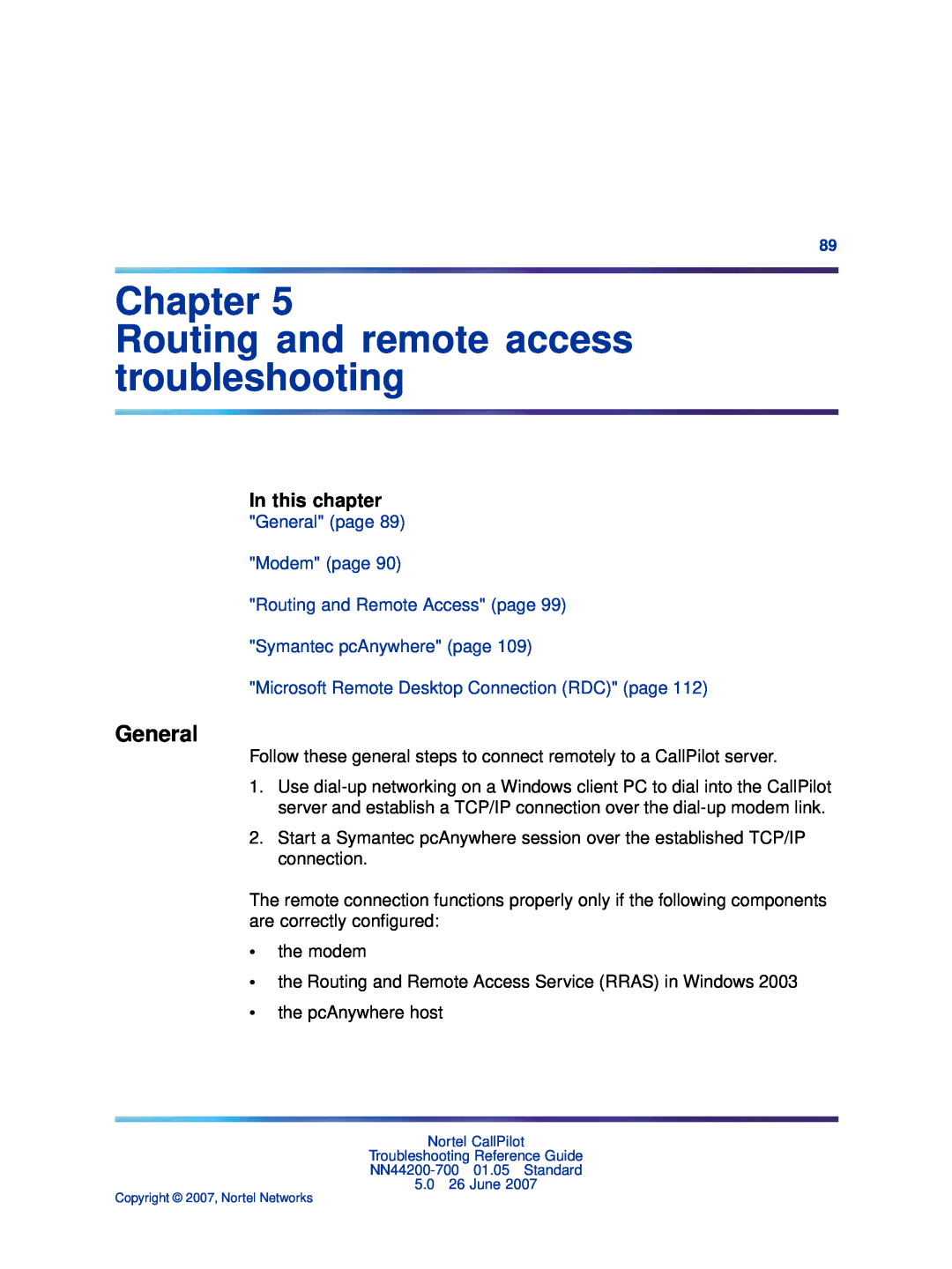 Nortel Networks NN44200-700 manual Chapter Routing and remote access troubleshooting, General, In this chapter 