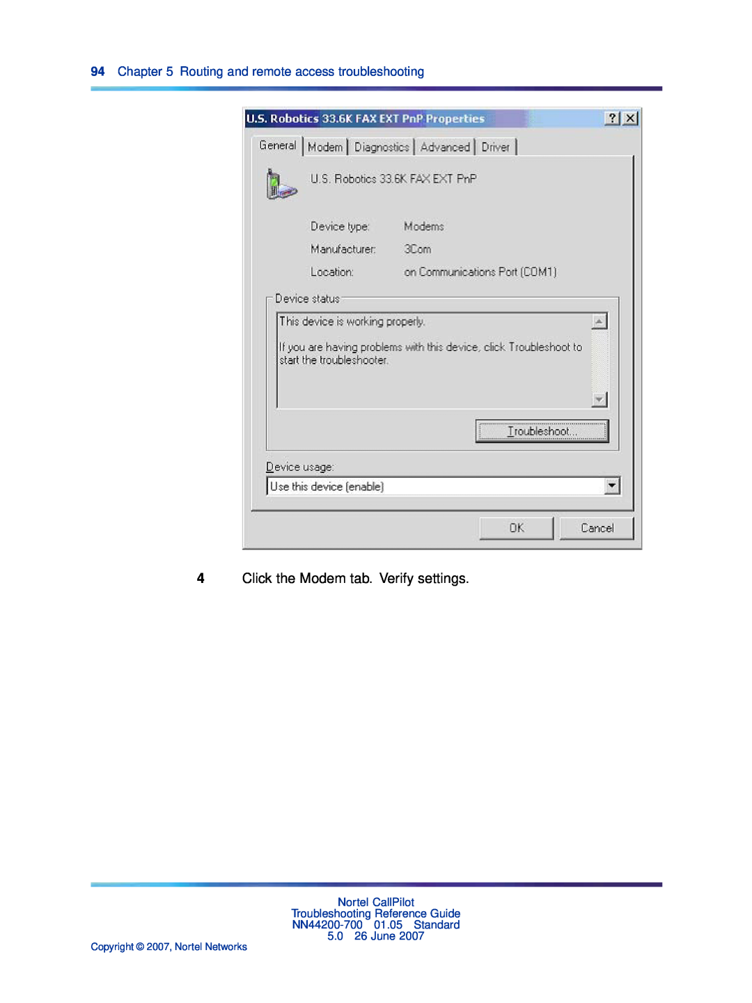 Nortel Networks NN44200-700 manual Click the Modem tab. Verify settings, Routing and remote access troubleshooting 