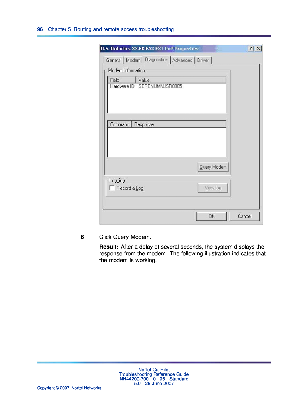 Nortel Networks NN44200-700 Click Query Modem, Routing and remote access troubleshooting, Copyright 2007, Nortel Networks 