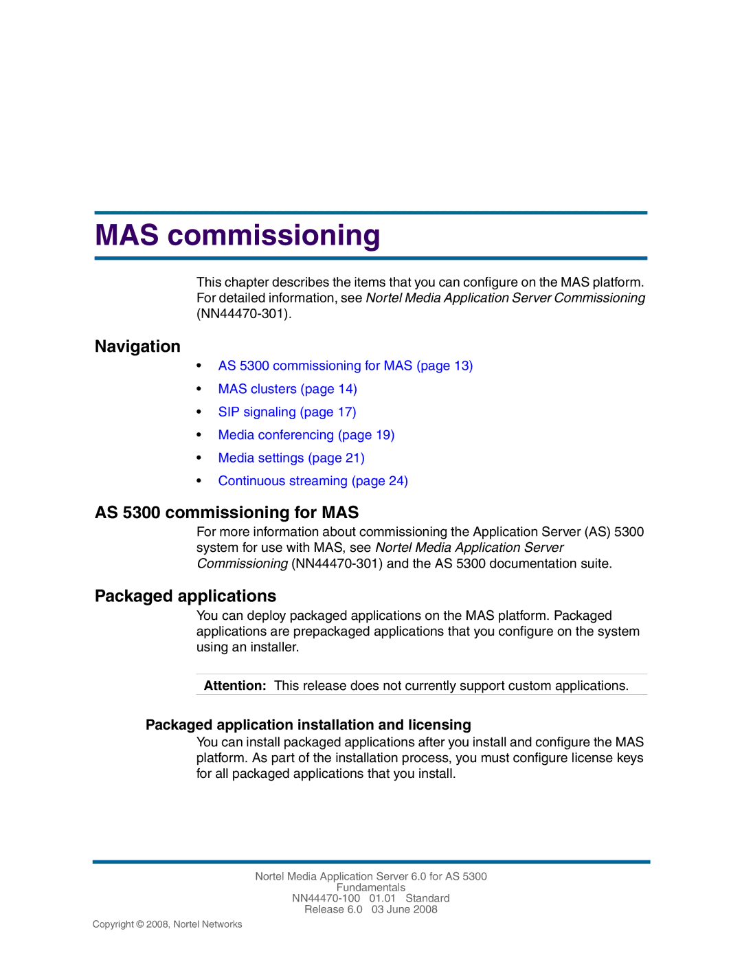 Nortel Networks NN44470-100 manual MAS commissioning, AS 5300 commissioning for MAS, Packaged applications 