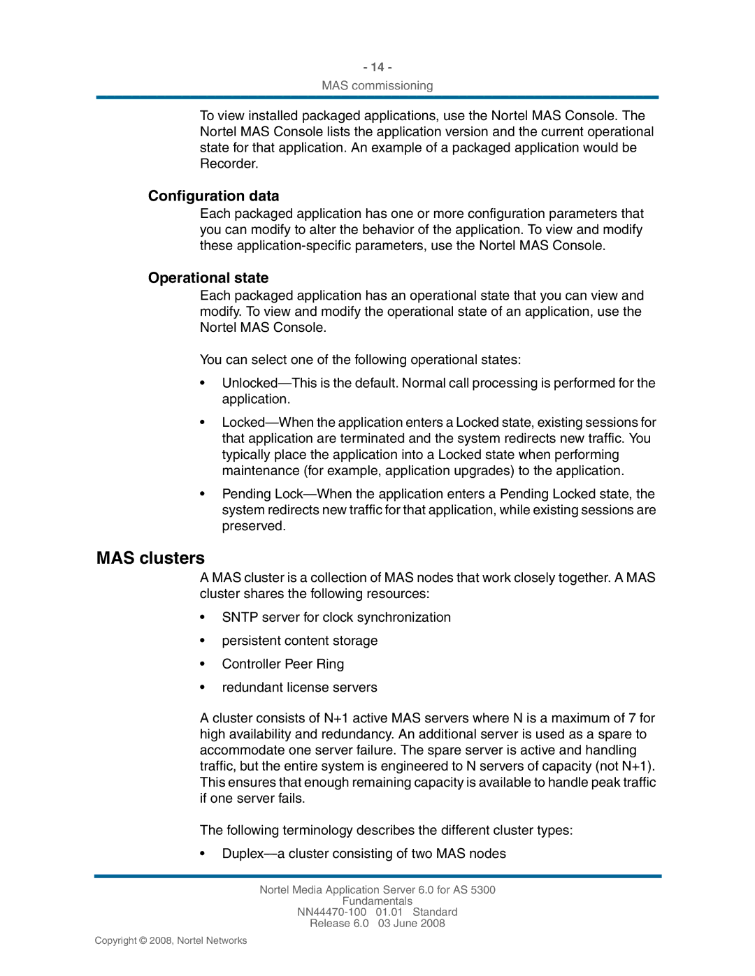 Nortel Networks NN44470-100 manual MAS clusters, Configuration data, Operational state 