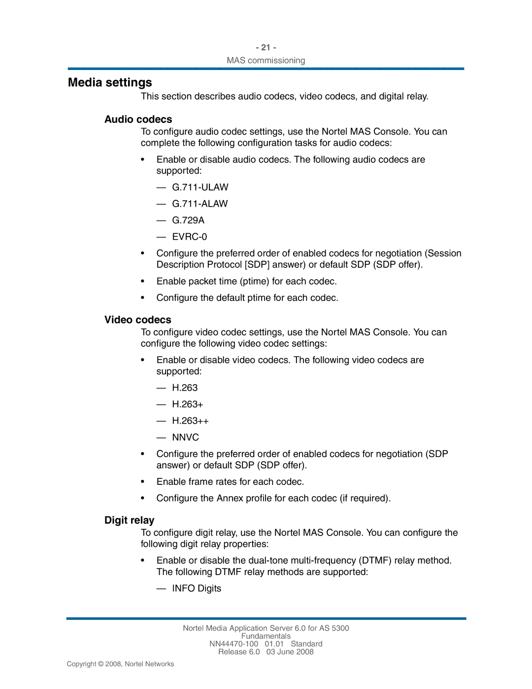 Nortel Networks NN44470-100 manual Media settings, Audio codecs, Video codecs, Digit relay 