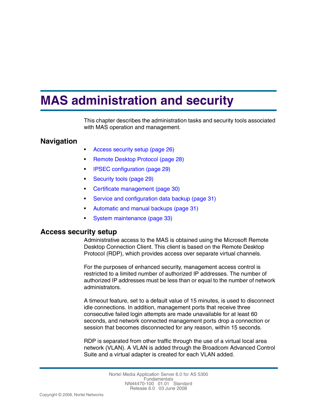 Nortel Networks NN44470-100 manual MAS administration and security, Access security setup 