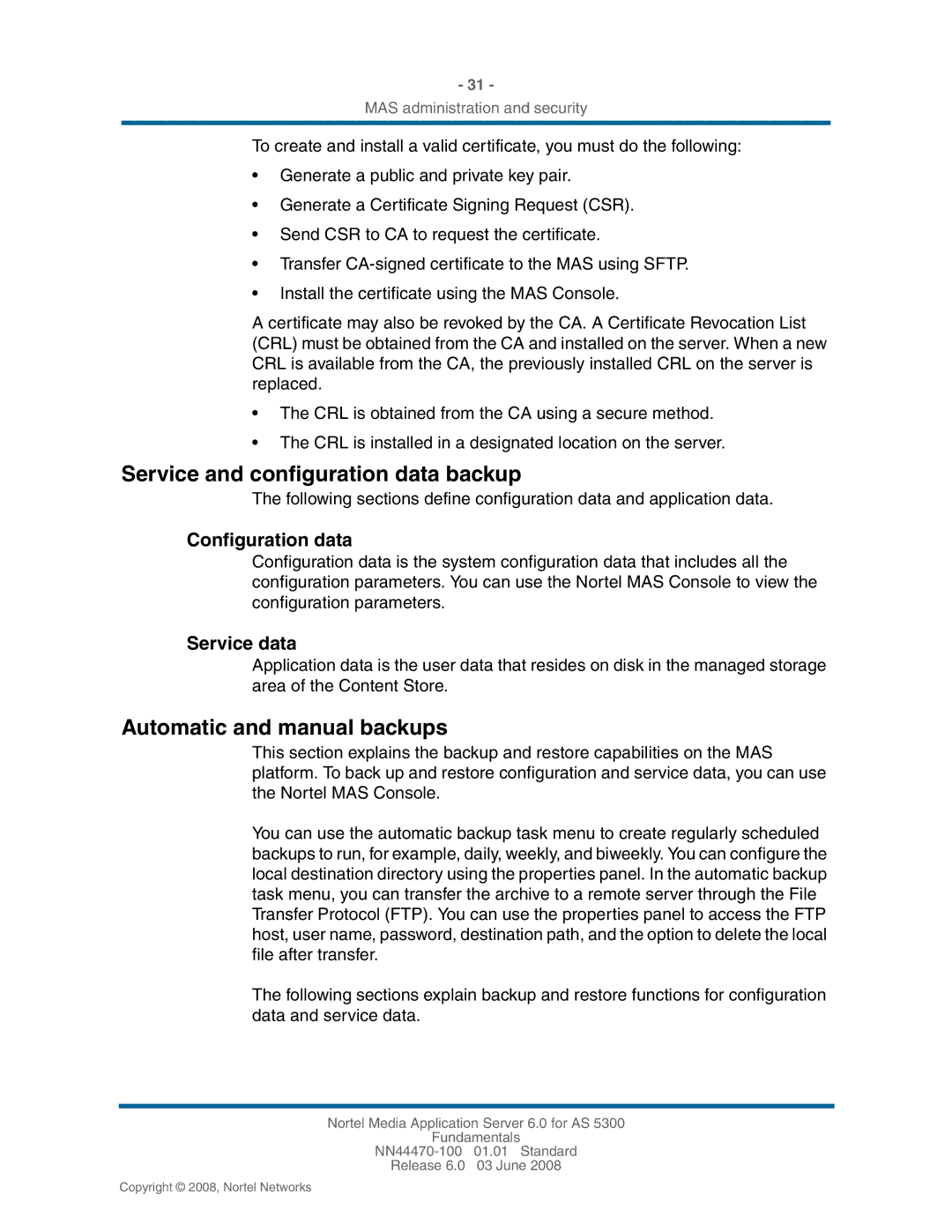 Nortel Networks NN44470-100 Service and configuration data backup, Automatic and manual backups, Service data 