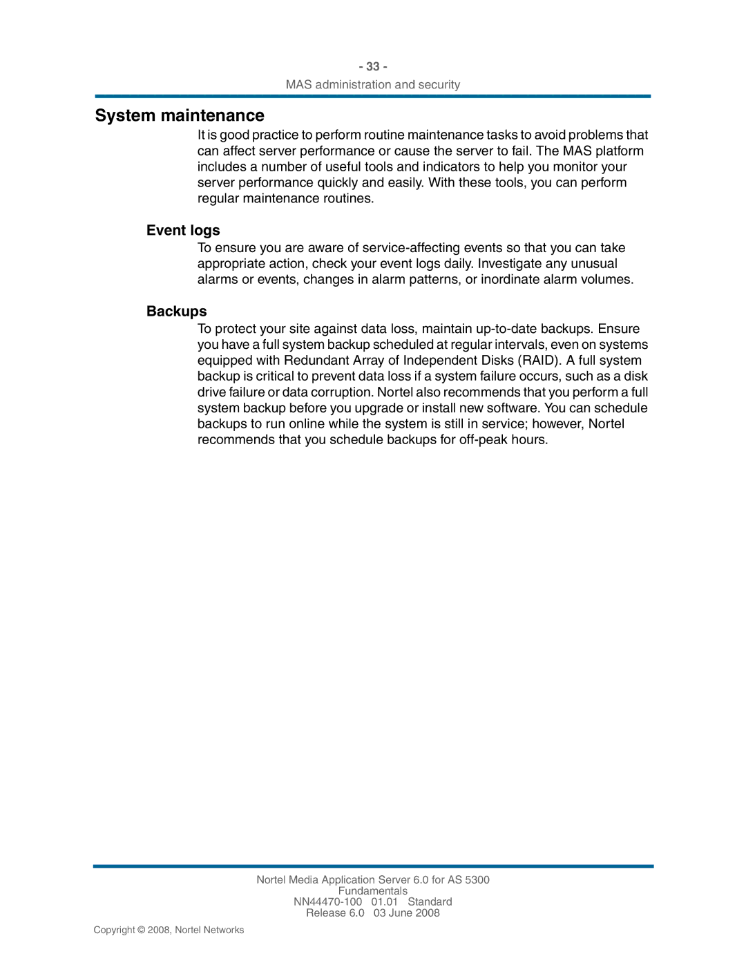 Nortel Networks NN44470-100 manual System maintenance, Event logs, Backups 