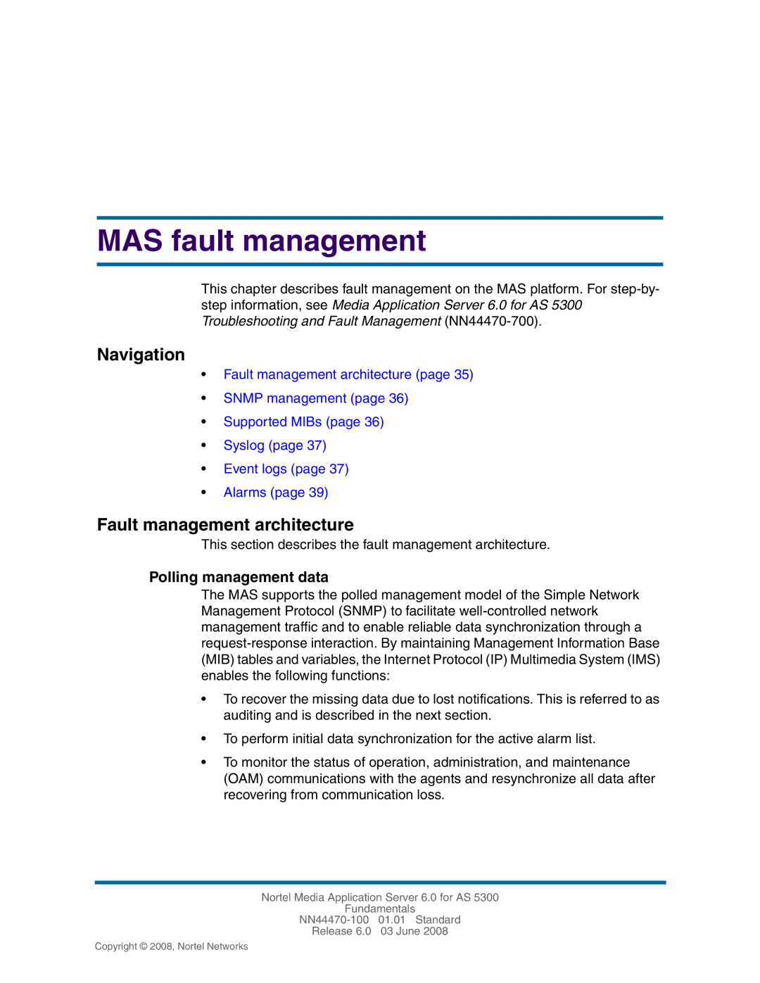 Nortel Networks NN44470-100 manual MAS fault management, Fault management architecture, Polling management data 