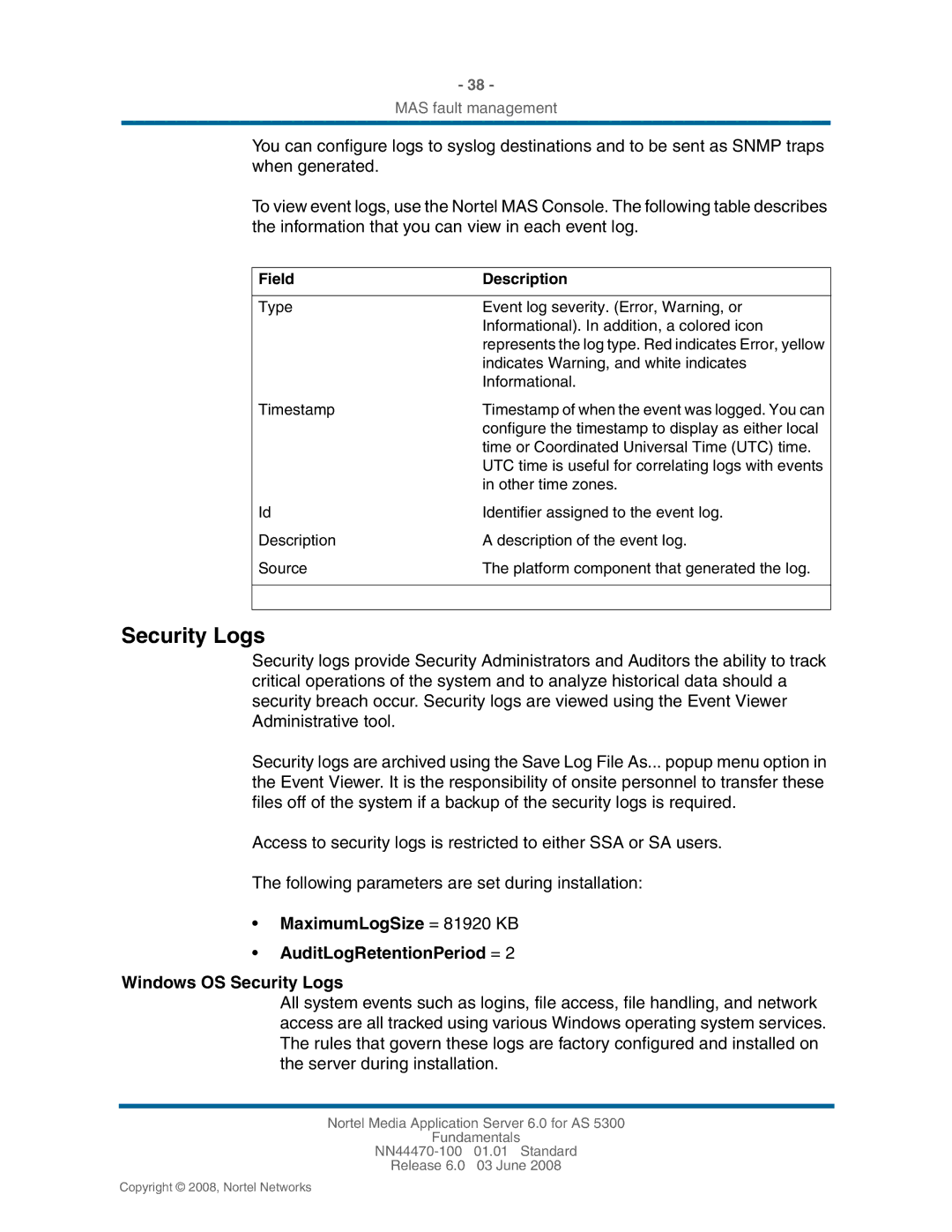 Nortel Networks NN44470-100 manual Security Logs, Field Description 