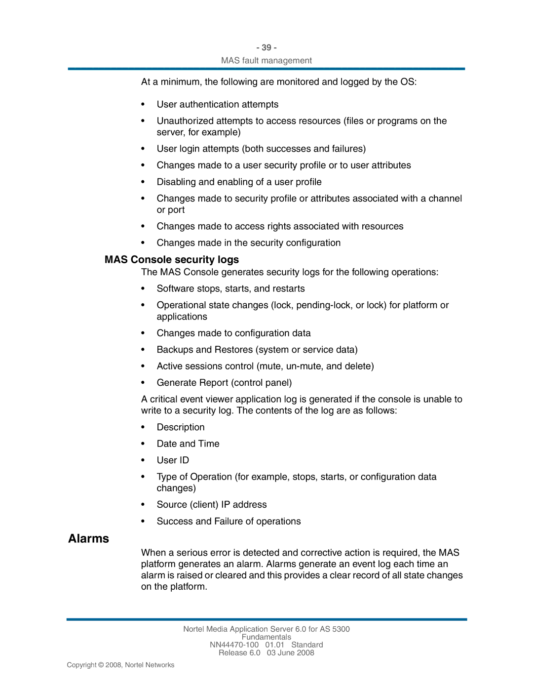 Nortel Networks NN44470-100 manual Alarms, MAS Console security logs 