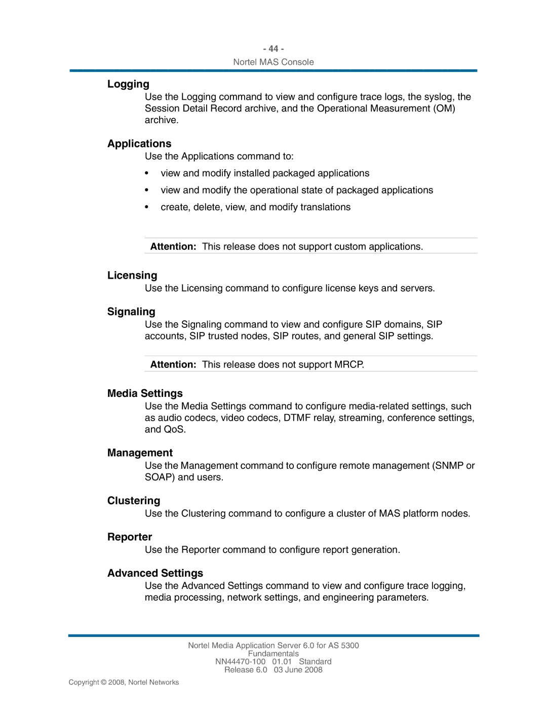 Nortel Networks NN44470-100 Logging, Applications, Licensing, Signaling, Media Settings, Management, Clustering, Reporter 