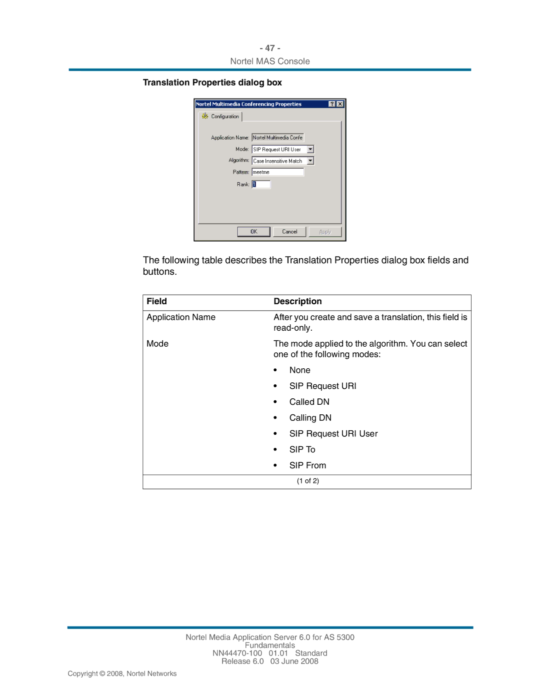 Nortel Networks NN44470-100 manual Translation Properties dialog box 