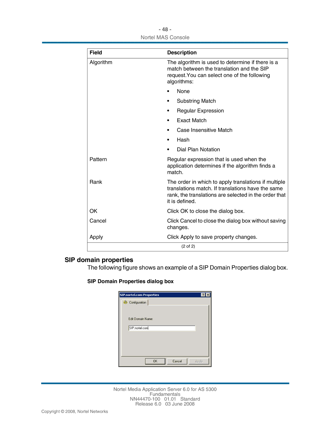 Nortel Networks NN44470-100 manual SIP domain properties, SIP Domain Properties dialog box 