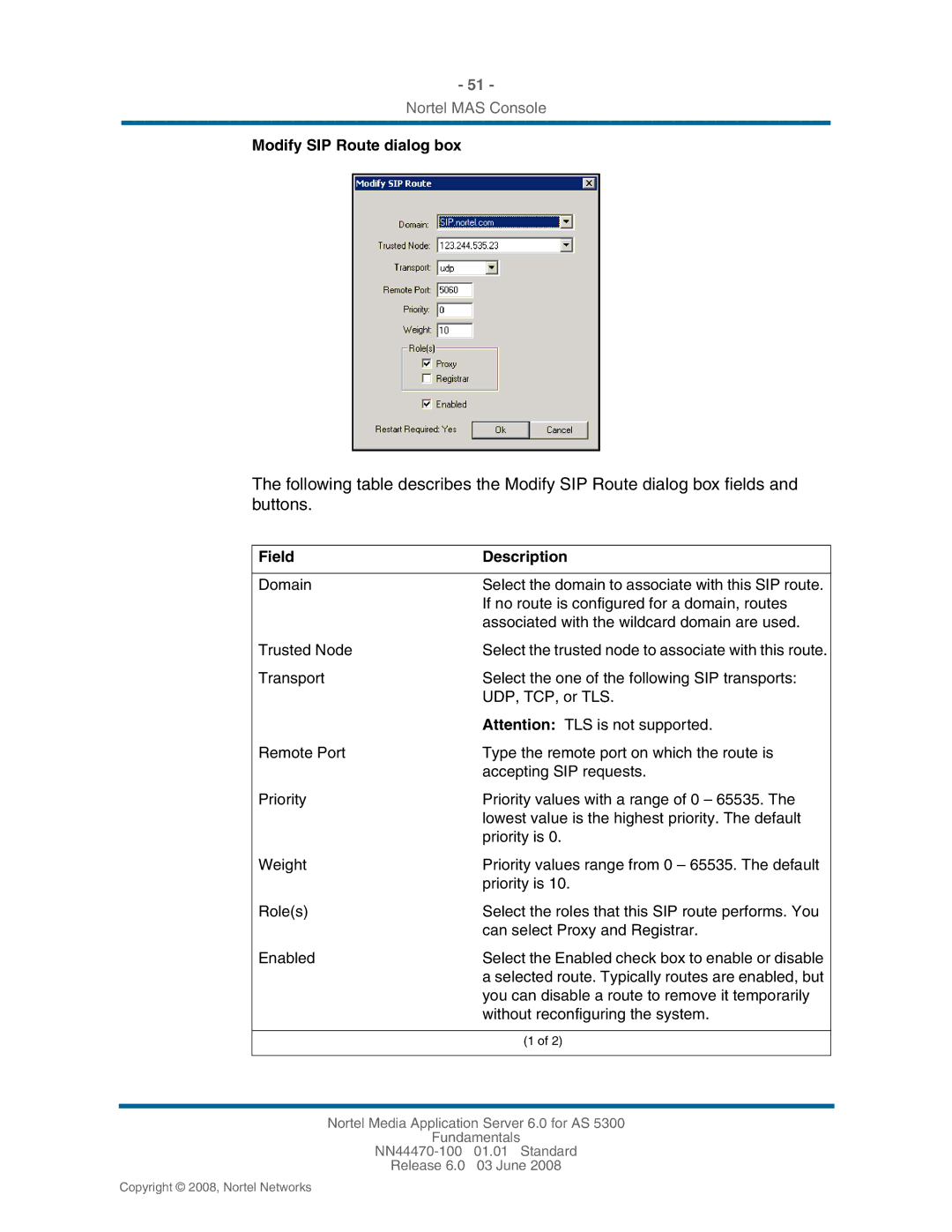 Nortel Networks NN44470-100 manual Modify SIP Route dialog box 