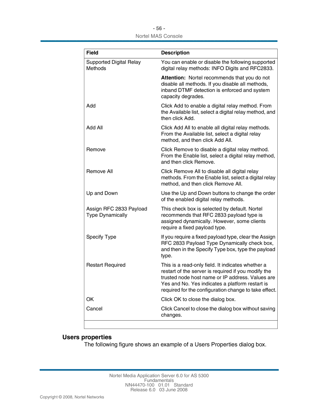 Nortel Networks NN44470-100 manual Users properties 