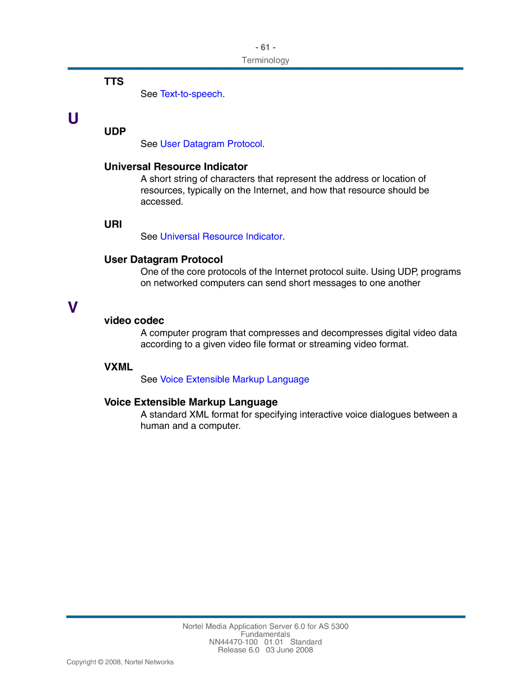 Nortel Networks NN44470-100 manual Universal Resource Indicator, User Datagram Protocol, Video codec 