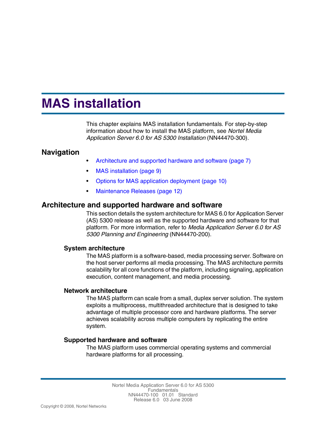 Nortel Networks NN44470-100 manual MAS installation, Architecture and supported hardware and software, System architecture 