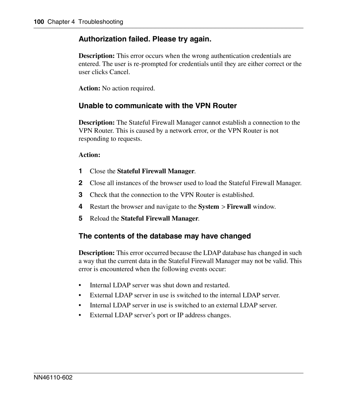 Nortel Networks NN46110-602 manual Authorization failed. Please try again, Unable to communicate with the VPN Router 