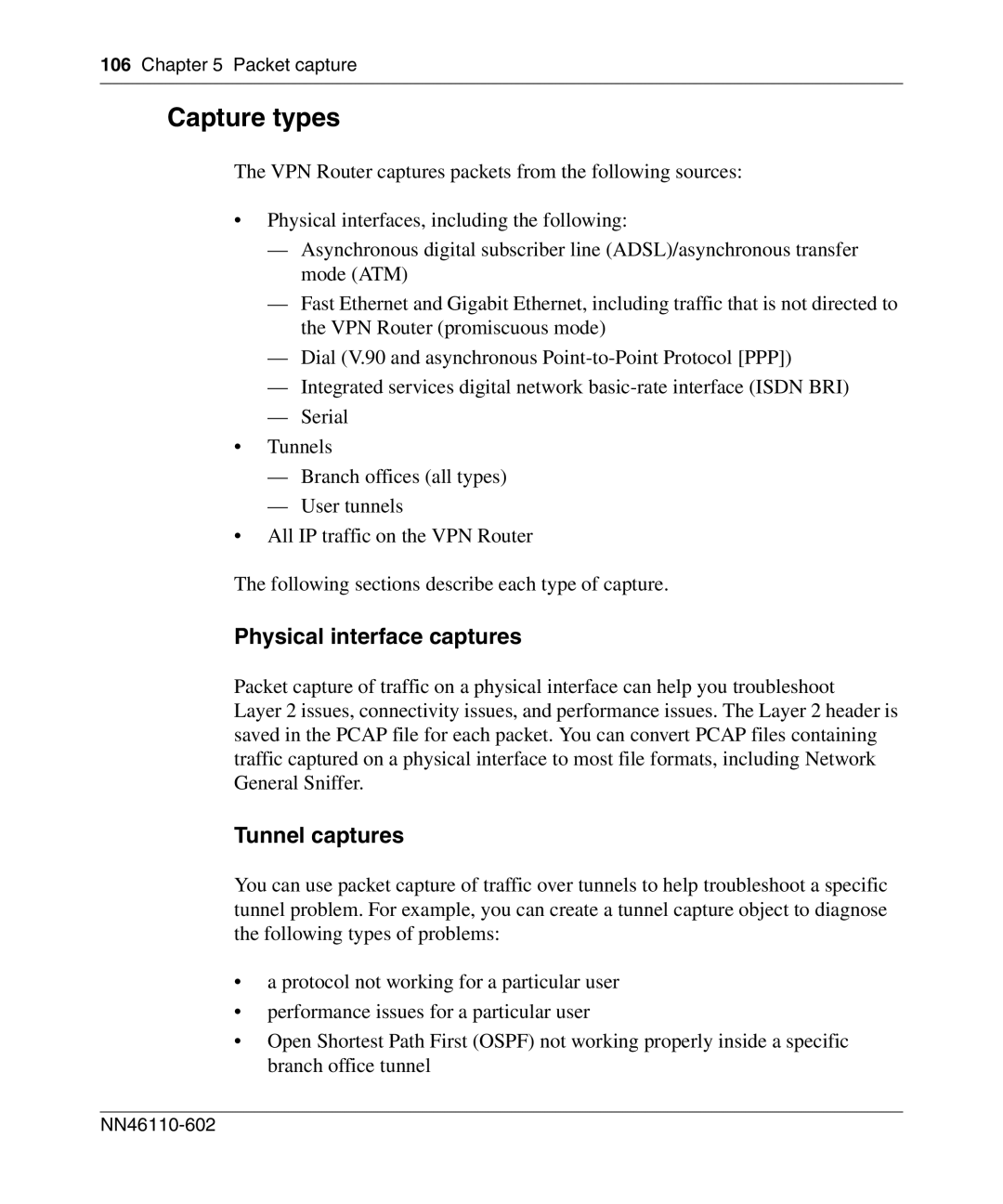 Nortel Networks NN46110-602 manual Capture types, Physical interface captures, Tunnel captures 