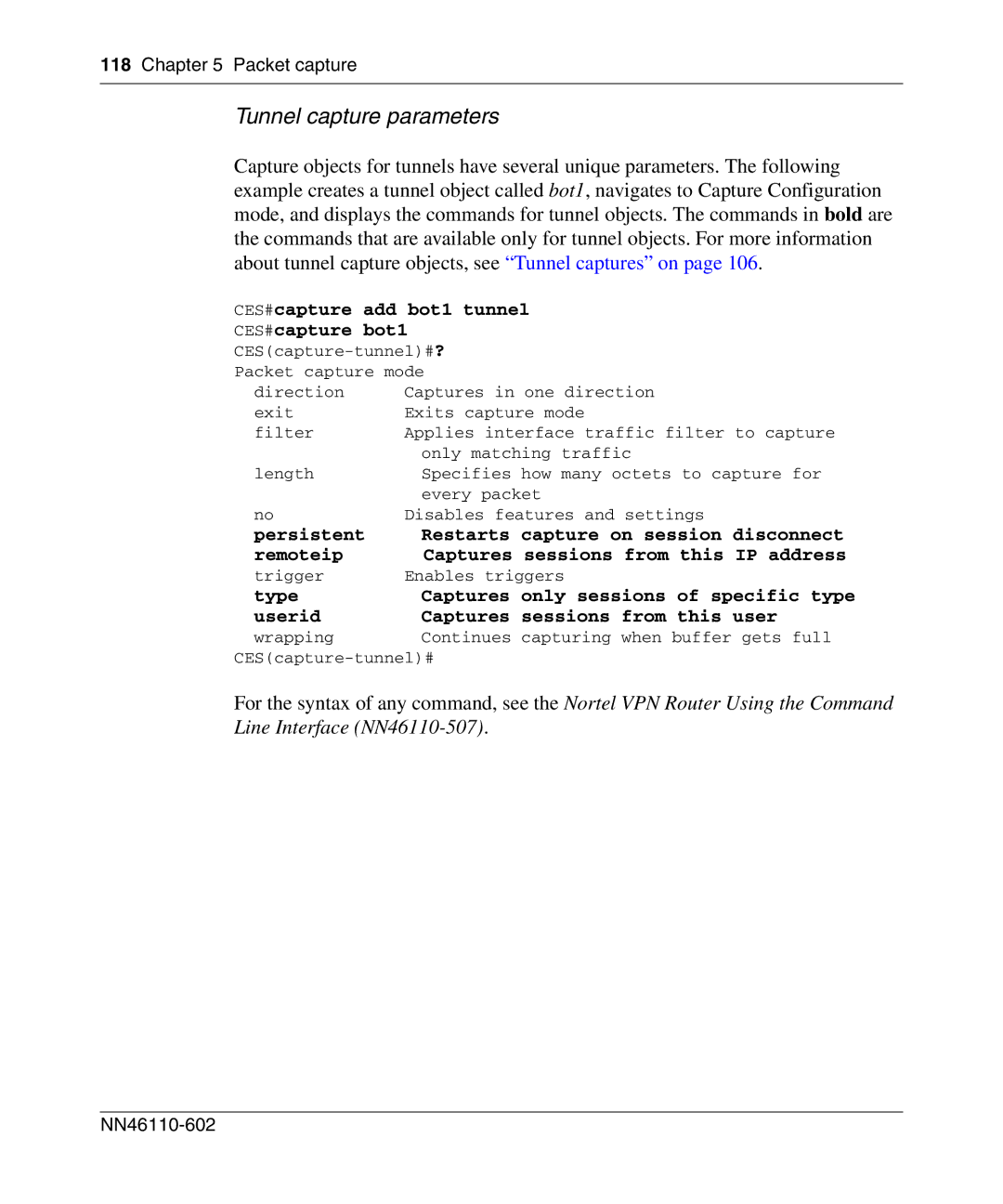 Nortel Networks NN46110-602 manual Tunnel capture parameters 