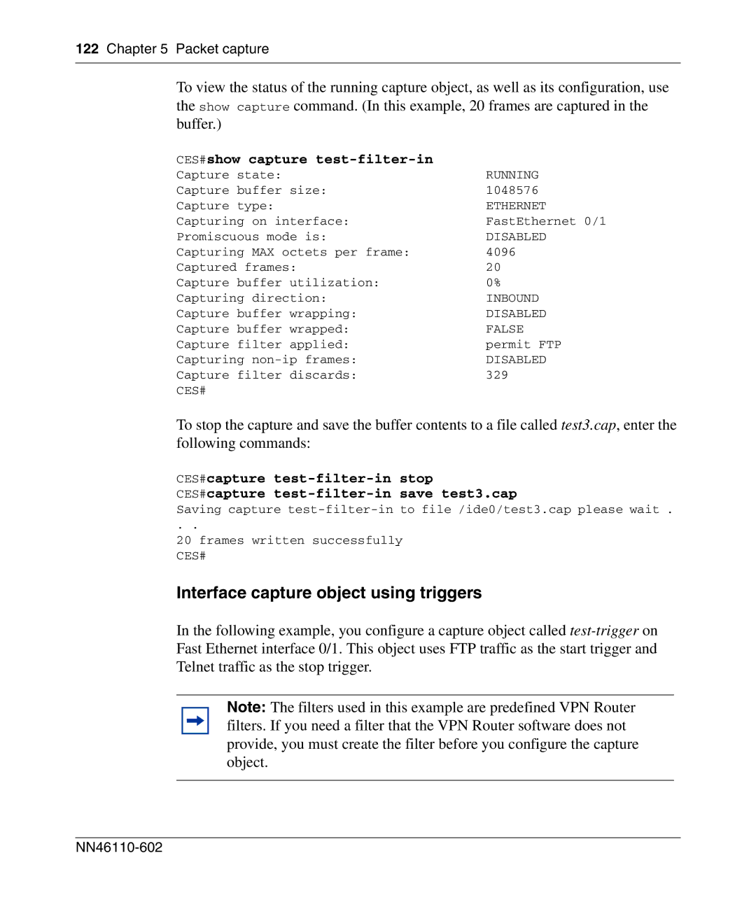 Nortel Networks NN46110-602 manual Interface capture object using triggers, CES#show capture test-filter-in 