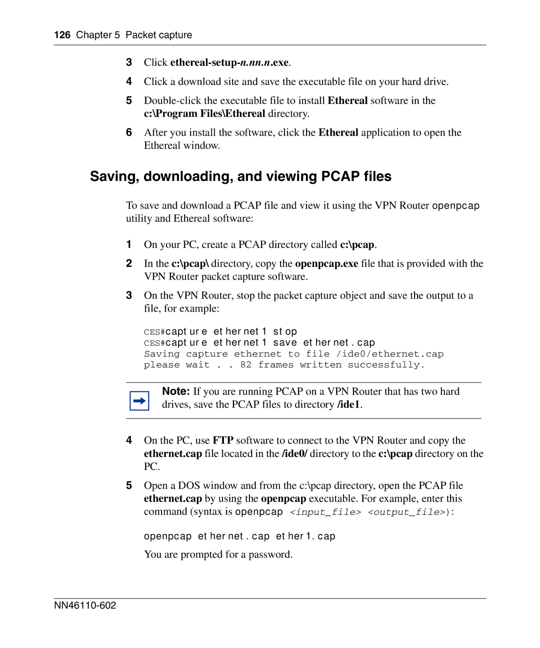 Nortel Networks NN46110-602 manual Saving, downloading, and viewing Pcap files, Click ethereal-setup-n.nn.n.exe 