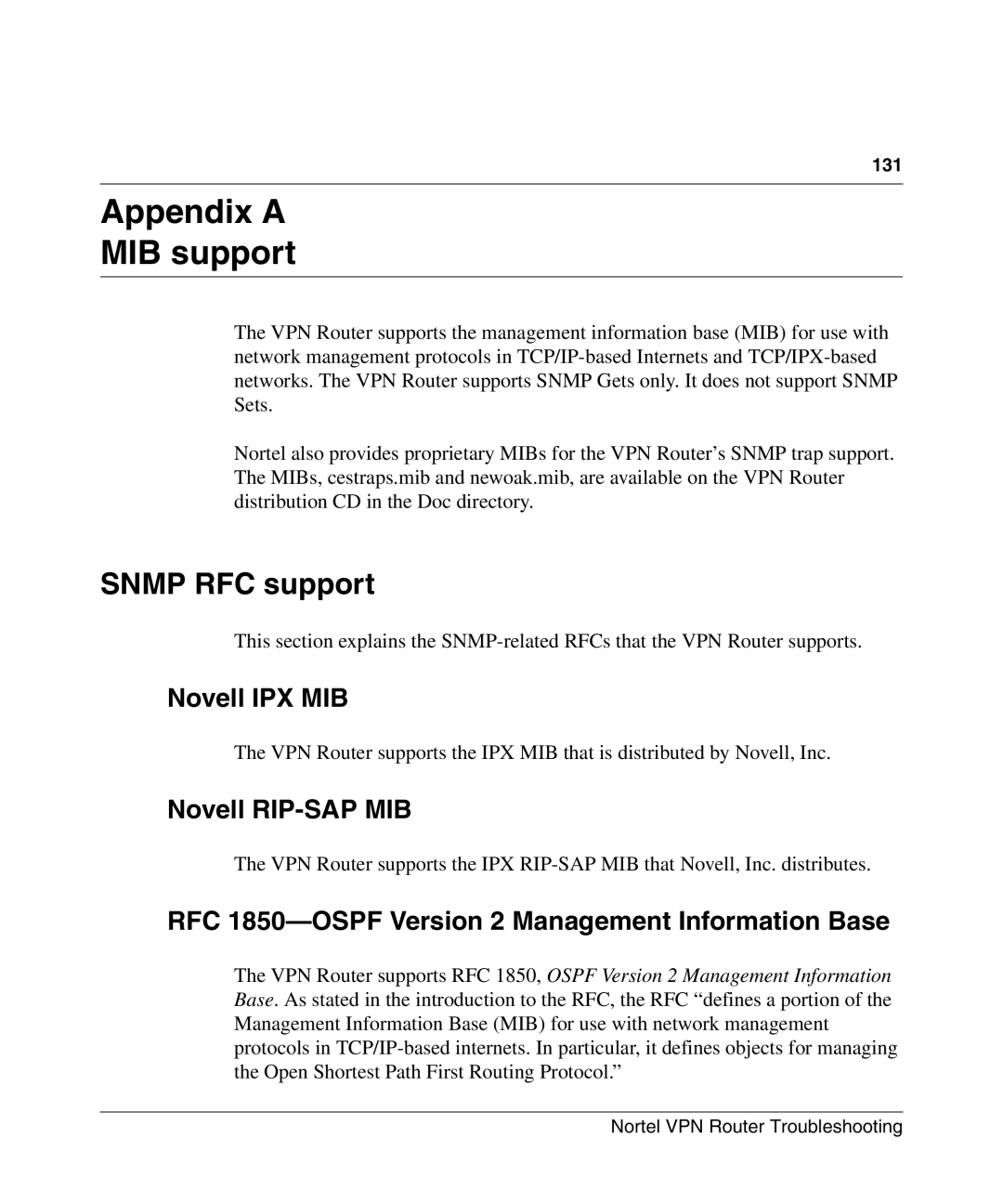 Nortel Networks NN46110-602 manual Snmp RFC support, Novell IPX MIB, Novell RIP-SAP MIB 