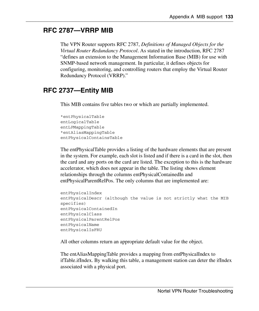 Nortel Networks NN46110-602 manual RFC 2787-VRRP MIB, RFC 2737-Entity MIB 