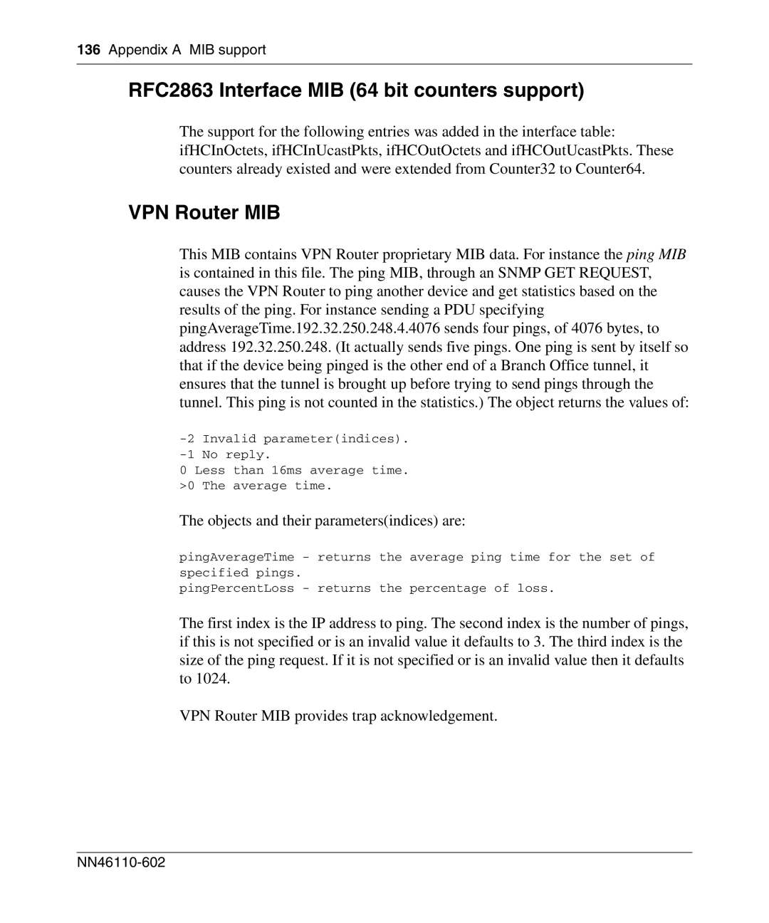 Nortel Networks NN46110-602 manual RFC2863 Interface MIB 64 bit counters support, VPN Router MIB 