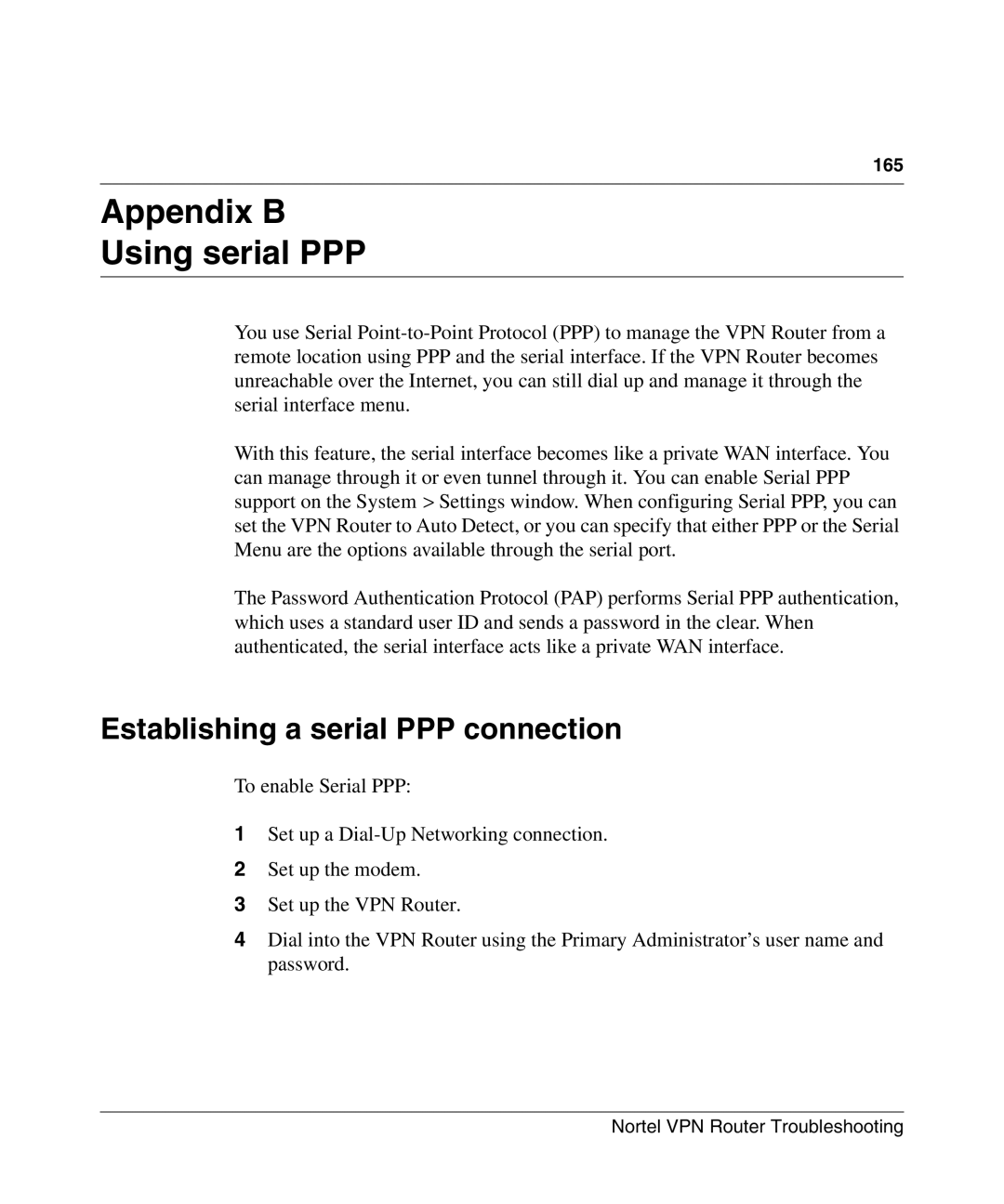 Nortel Networks NN46110-602 manual Appendix B Using serial PPP, Establishing a serial PPP connection 