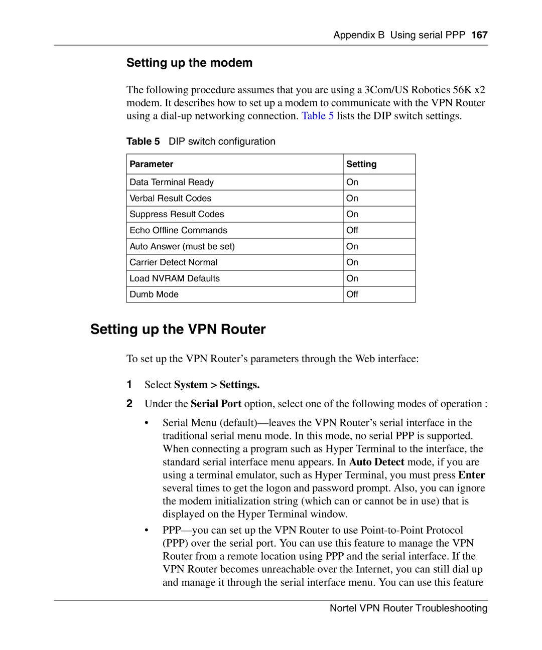 Nortel Networks NN46110-602 manual Setting up the VPN Router, Setting up the modem, Select System Settings 