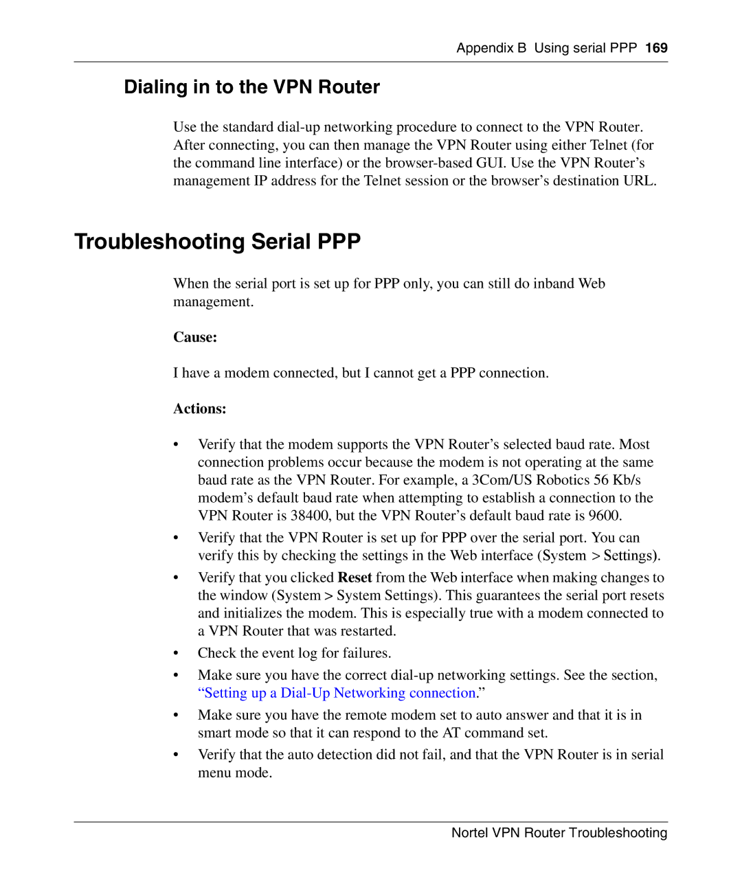 Nortel Networks NN46110-602 manual Troubleshooting Serial PPP, Dialing in to the VPN Router, Cause, Actions 