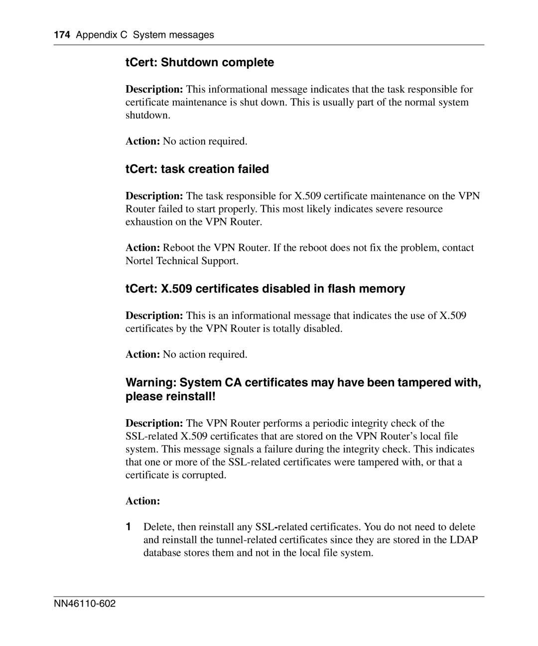 Nortel Networks NN46110-602 manual TCert Shutdown complete, TCert task creation failed 