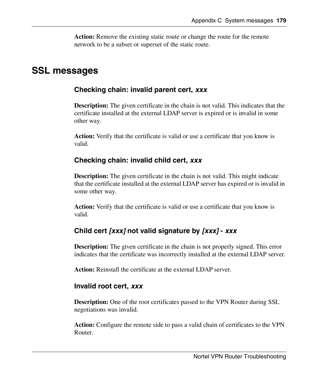 Nortel Networks NN46110-602 manual SSL messages, Checking chain invalid parent cert, Checking chain invalid child cert 