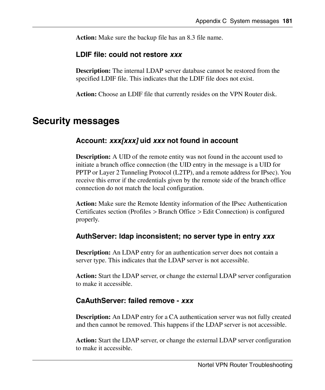 Nortel Networks NN46110-602 Security messages, Ldif file could not restore, Account xxxxxx uid xxx not found in account 