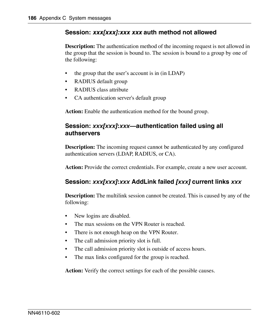 Nortel Networks NN46110-602 manual Session xxxxxxxxx xxx auth method not allowed 