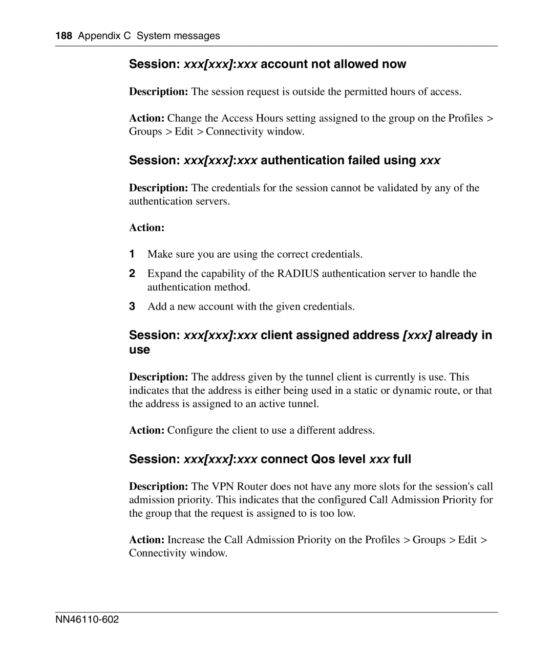 Nortel Networks NN46110-602 manual Session xxxxxxxxx account not allowed now, Session xxxxxxxxx authentication failed using 