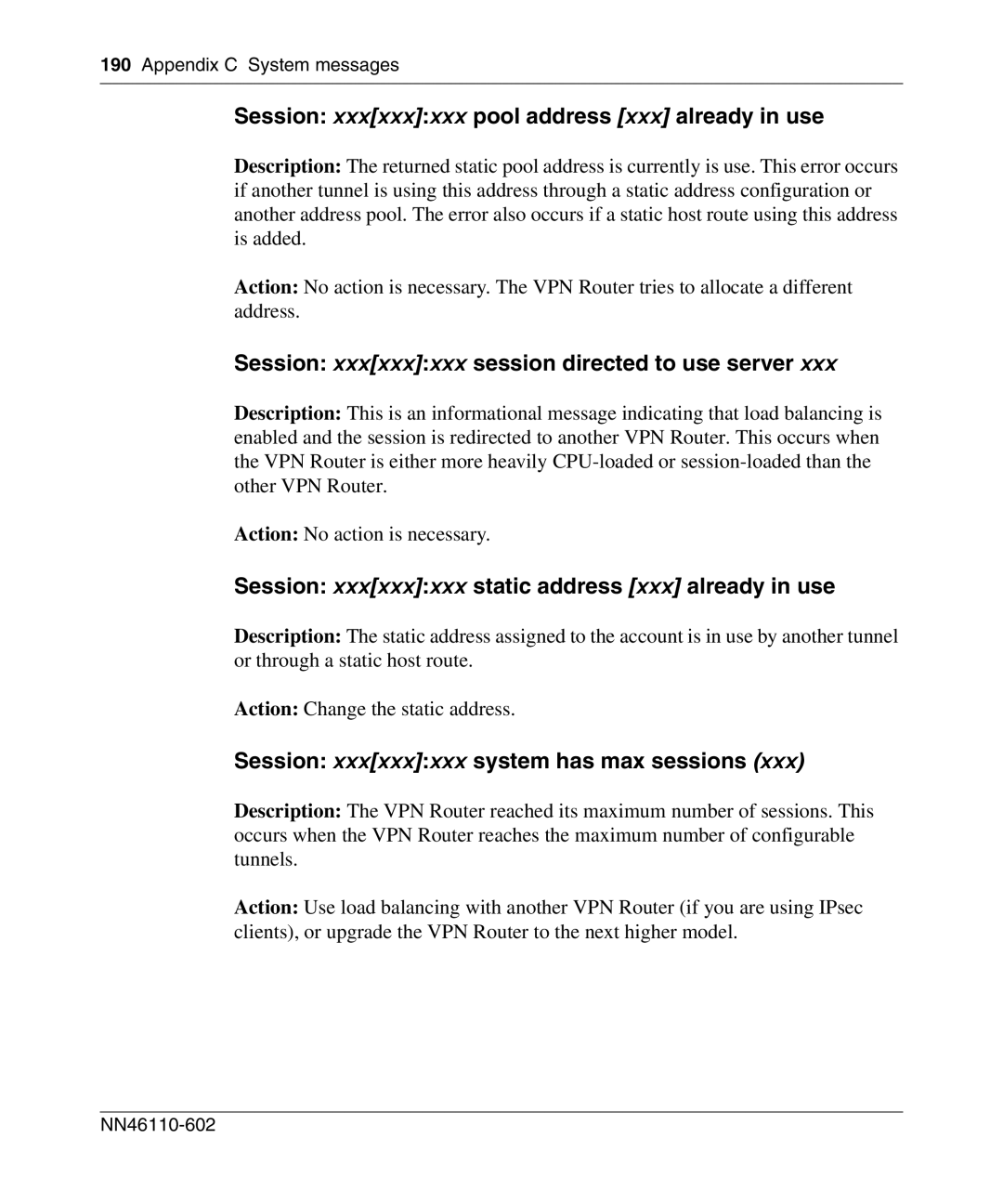 Nortel Networks NN46110-602 Session xxxxxxxxx pool address xxx already in use, Session xxxxxxxxx system has max sessions 