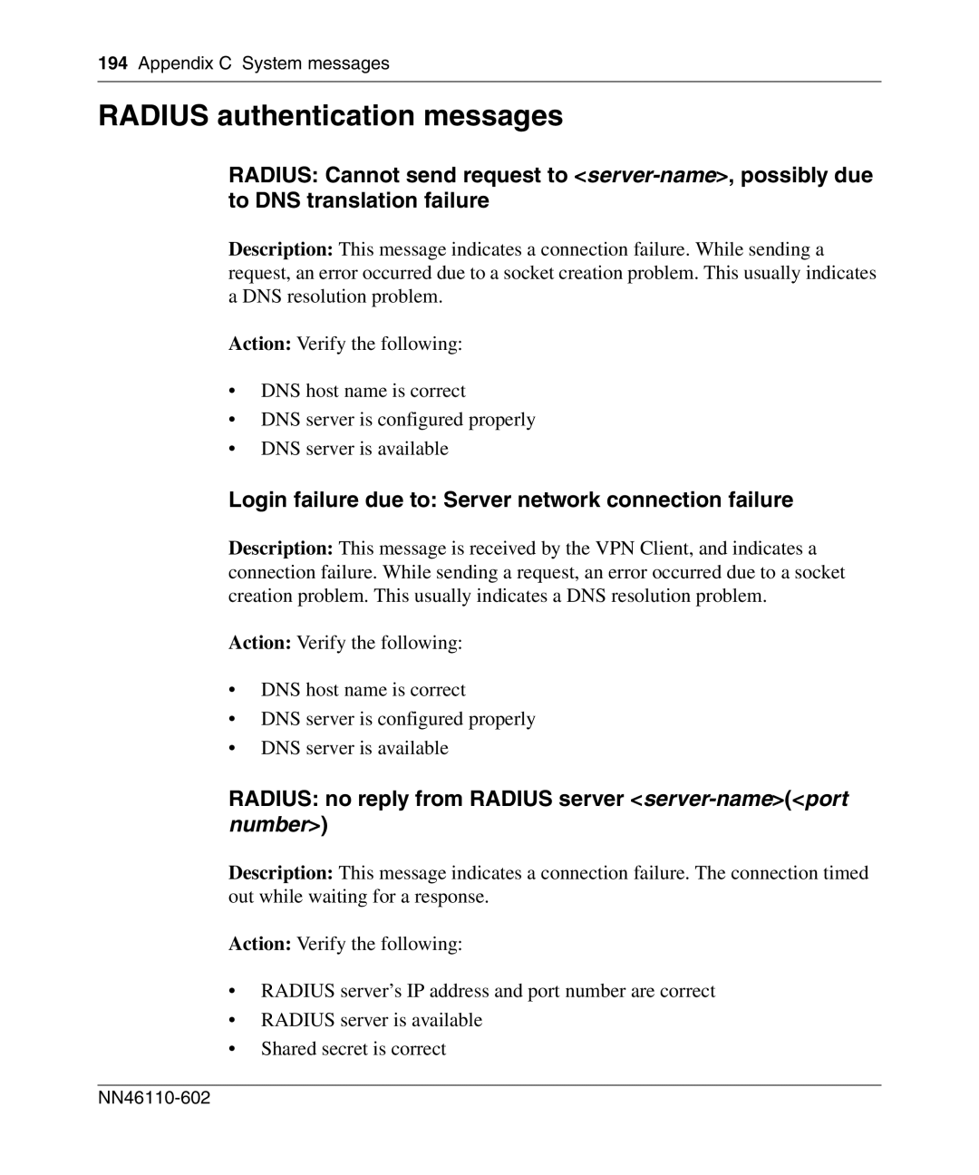 Nortel Networks NN46110-602 manual Radius authentication messages, Login failure due to Server network connection failure 