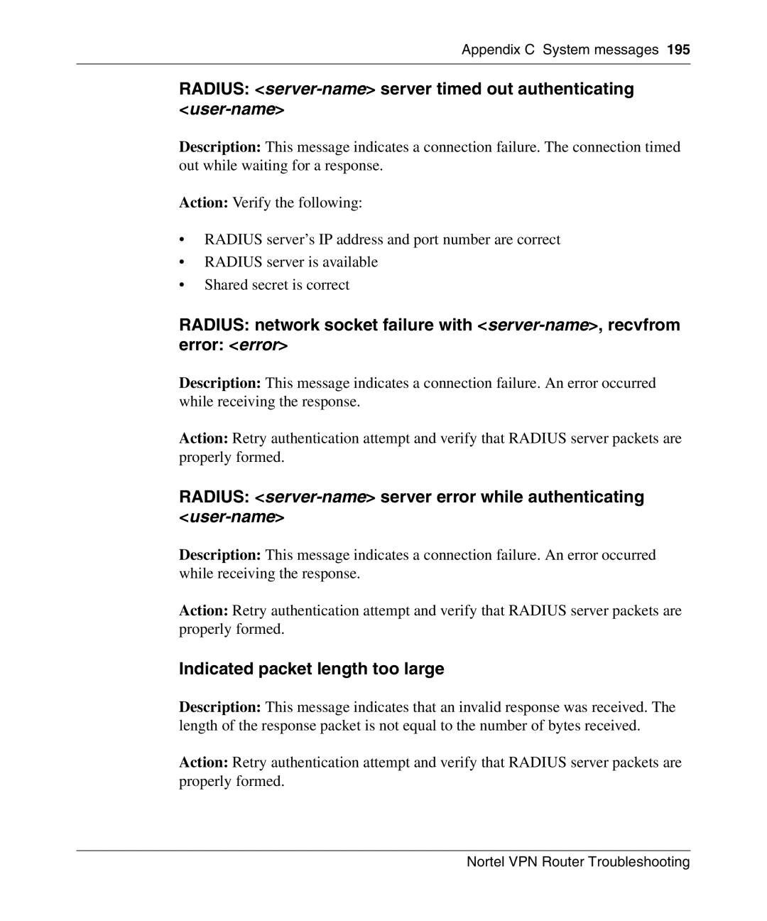 Nortel Networks NN46110-602 manual Radius server-name server timed out authenticating user-name 