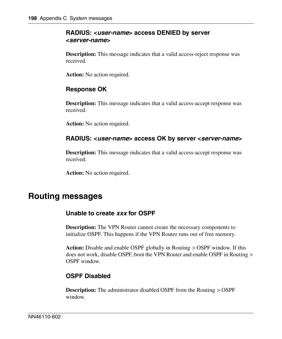 Nortel Networks NN46110-602 manual Routing messages, Radius user-name access Denied by server server-name, Ospf Disabled 