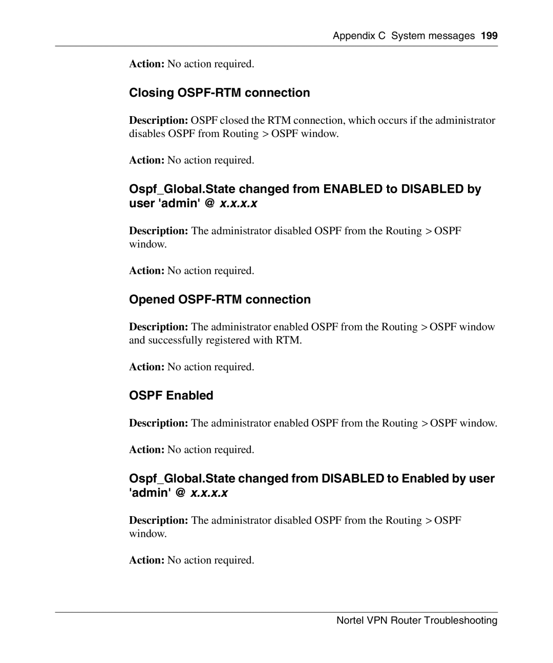 Nortel Networks NN46110-602 manual Closing OSPF-RTM connection, Opened OSPF-RTM connection, Ospf Enabled 