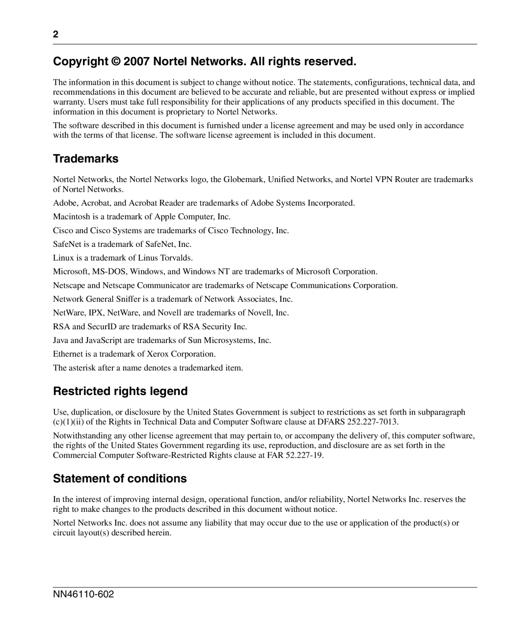 Nortel Networks NN46110-602 Copyright 2007 Nortel Networks. All rights reserved, Trademarks, Restricted rights legend 