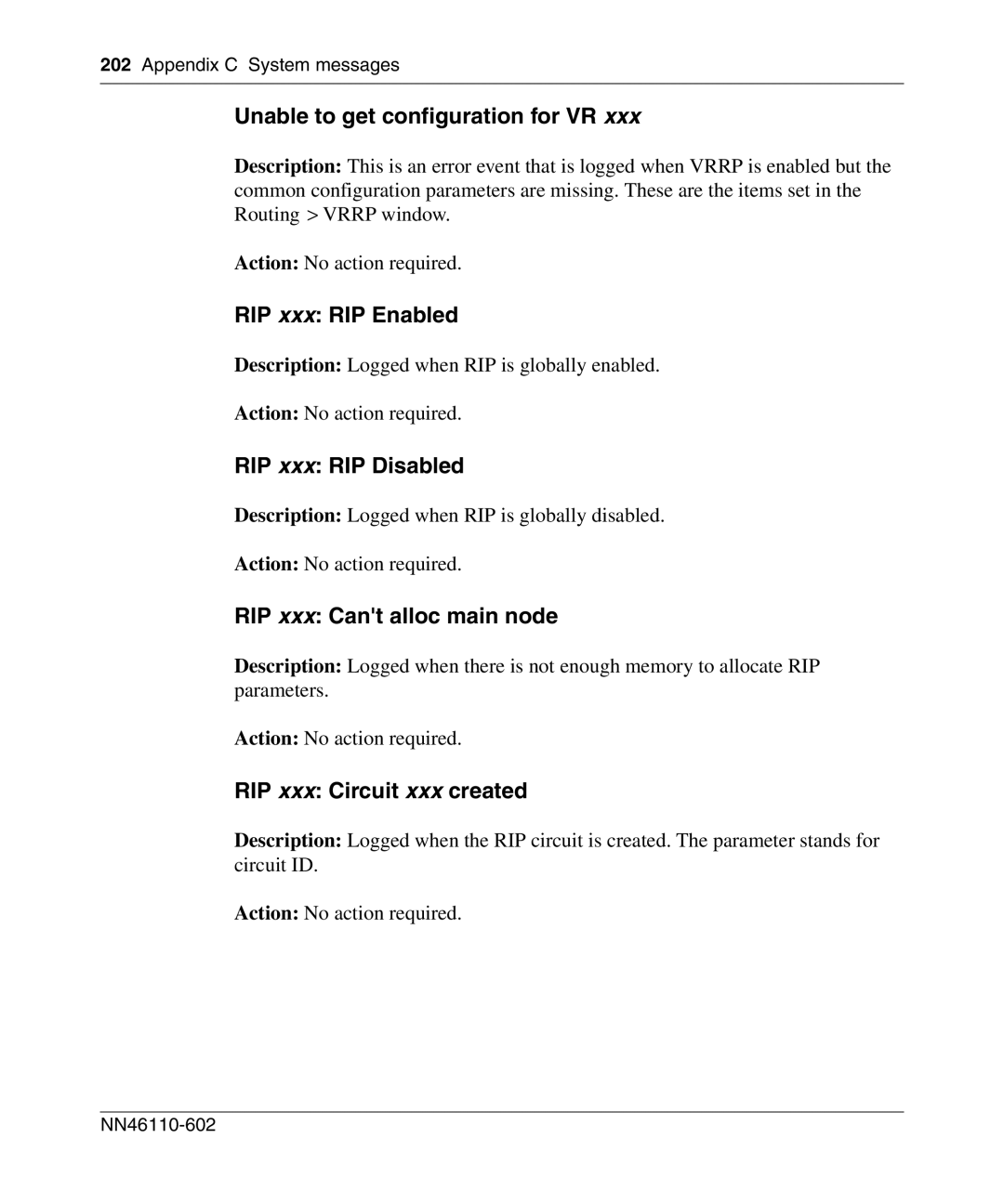 Nortel Networks NN46110-602 manual Unable to get configuration for VR, RIP xxx RIP Enabled, RIP xxx RIP Disabled 