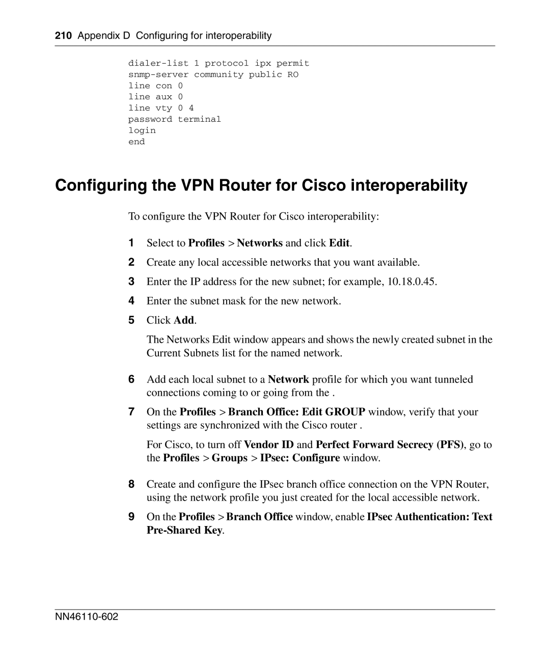 Nortel Networks NN46110-602 manual Configuring the VPN Router for Cisco interoperability 