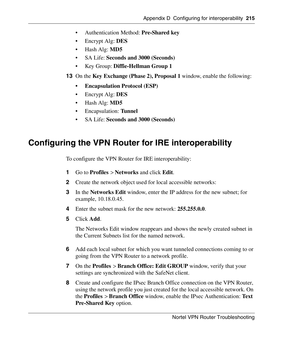 Nortel Networks NN46110-602 manual Configuring the VPN Router for IRE interoperability, Encapsulation Protocol ESP 