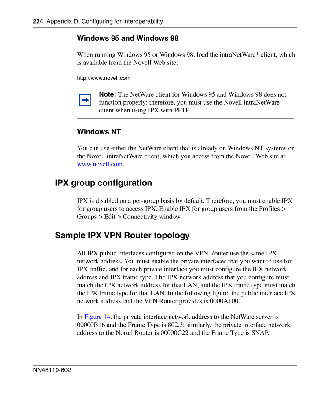 Nortel Networks NN46110-602 IPX group configuration, Sample IPX VPN Router topology, Windows 95 and Windows, Windows NT 