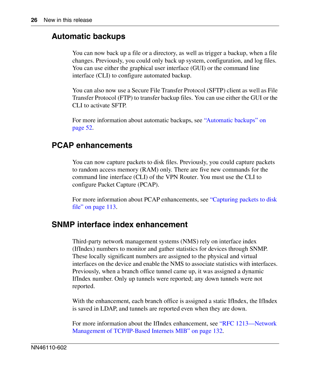 Nortel Networks NN46110-602 manual Automatic backups, Pcap enhancements, Snmp interface index enhancement 