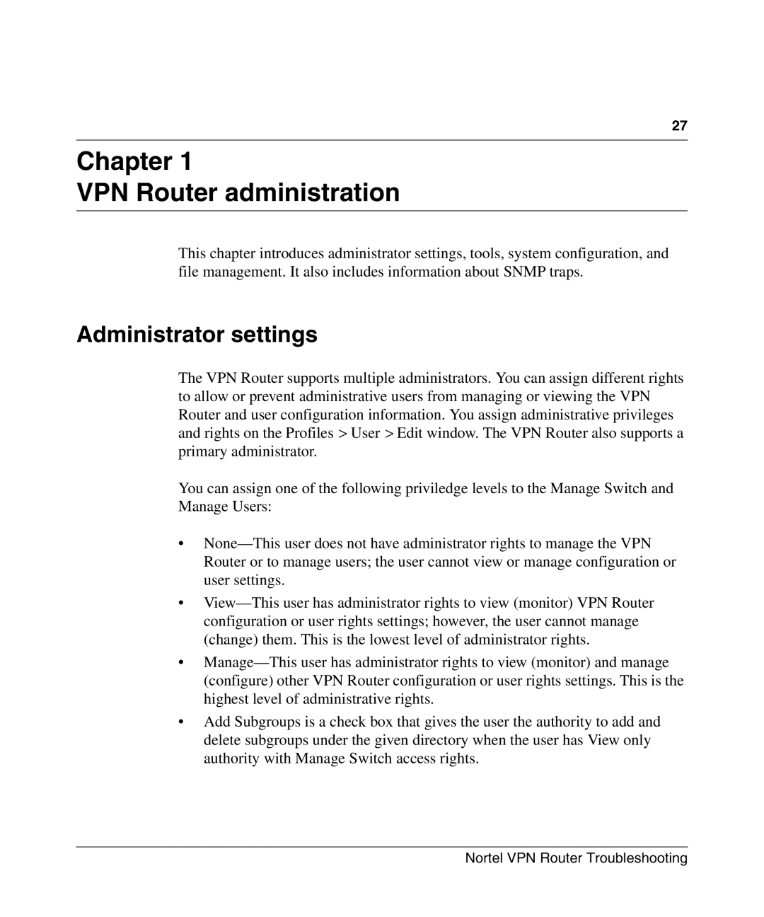 Nortel Networks NN46110-602 manual Chapter VPN Router administration, Administrator settings 