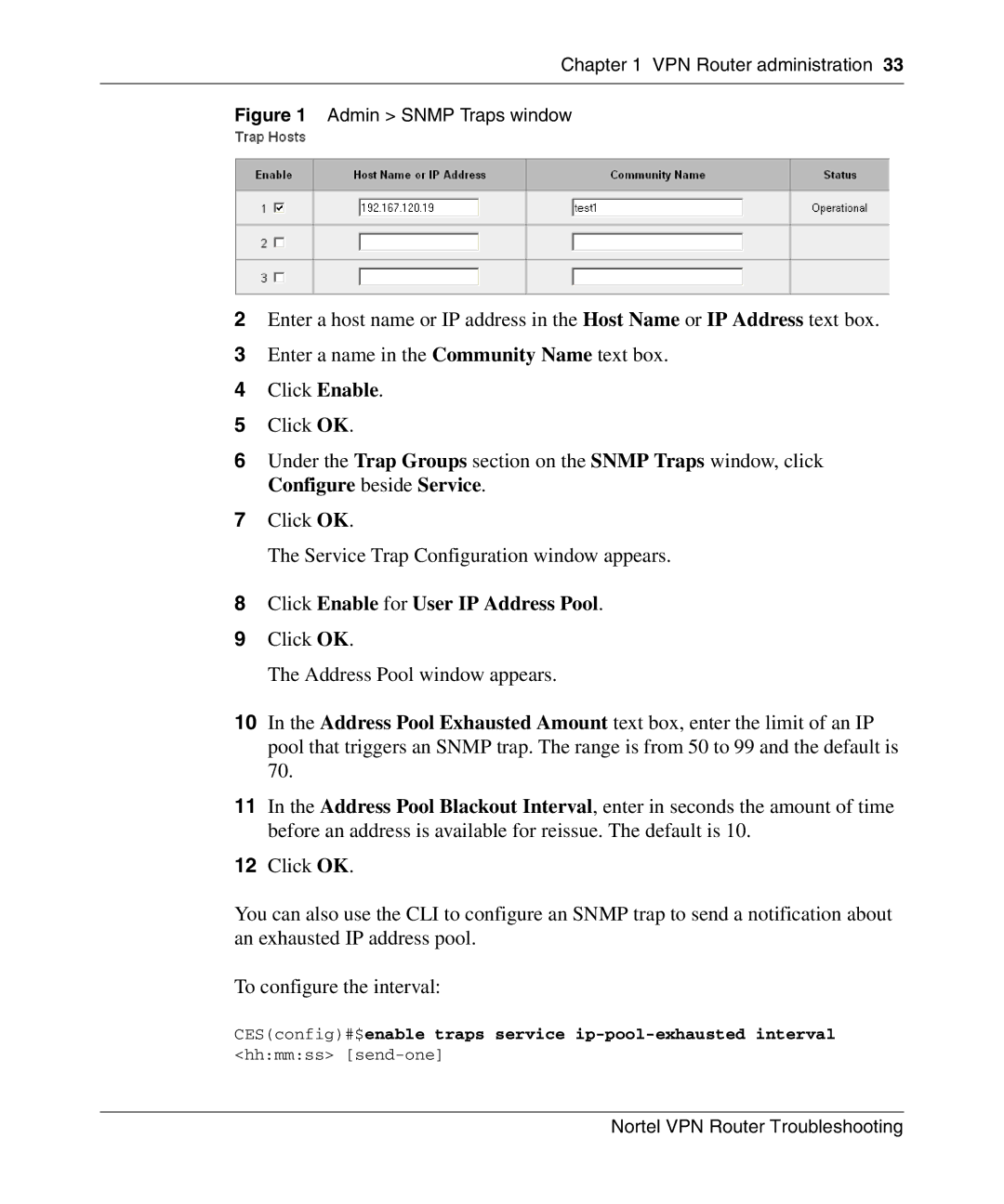 Nortel Networks NN46110-602 manual Click Enable for User IP Address Pool, Admin Snmp Traps window 