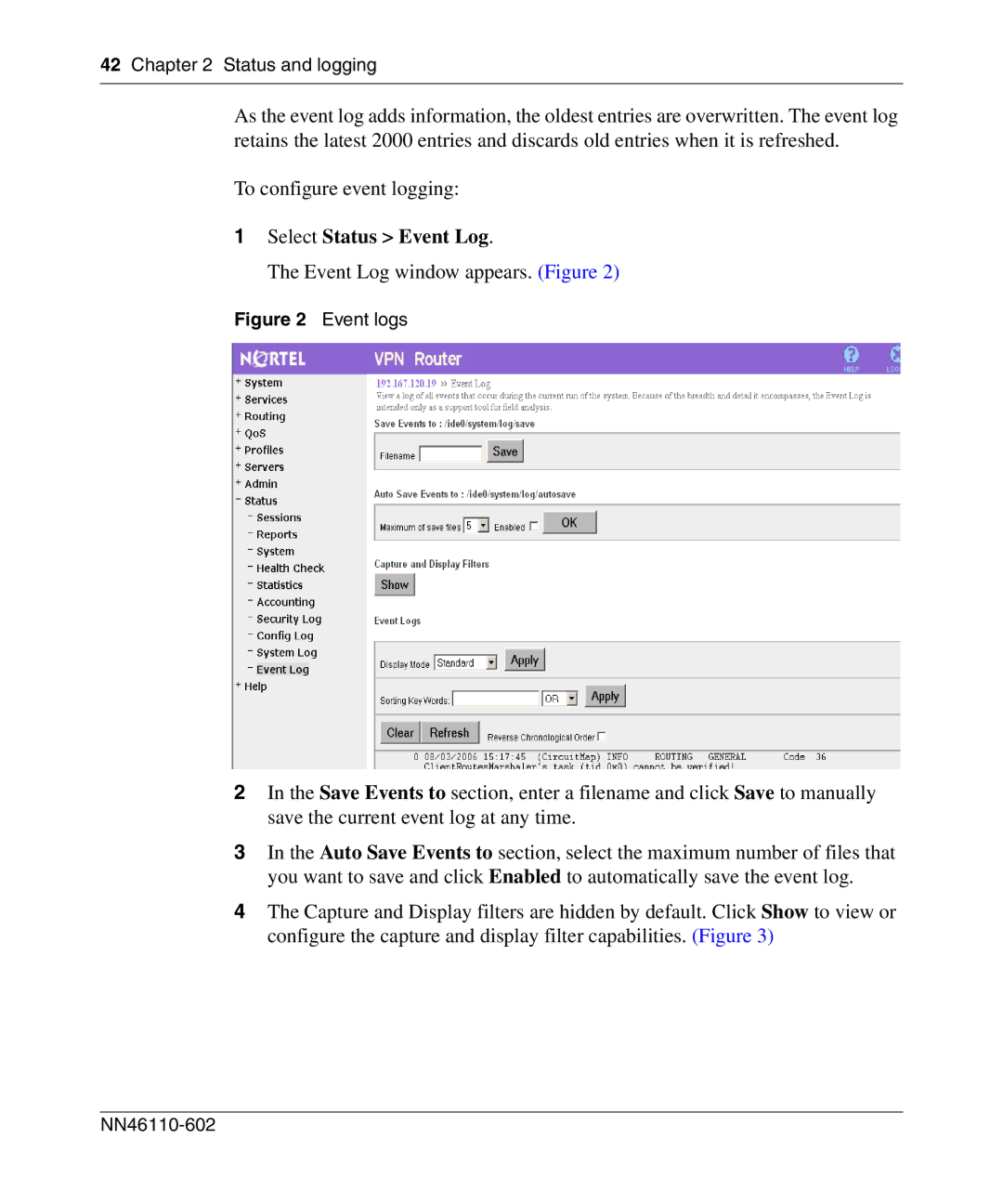 Nortel Networks NN46110-602 manual Select Status Event Log, Event logs 