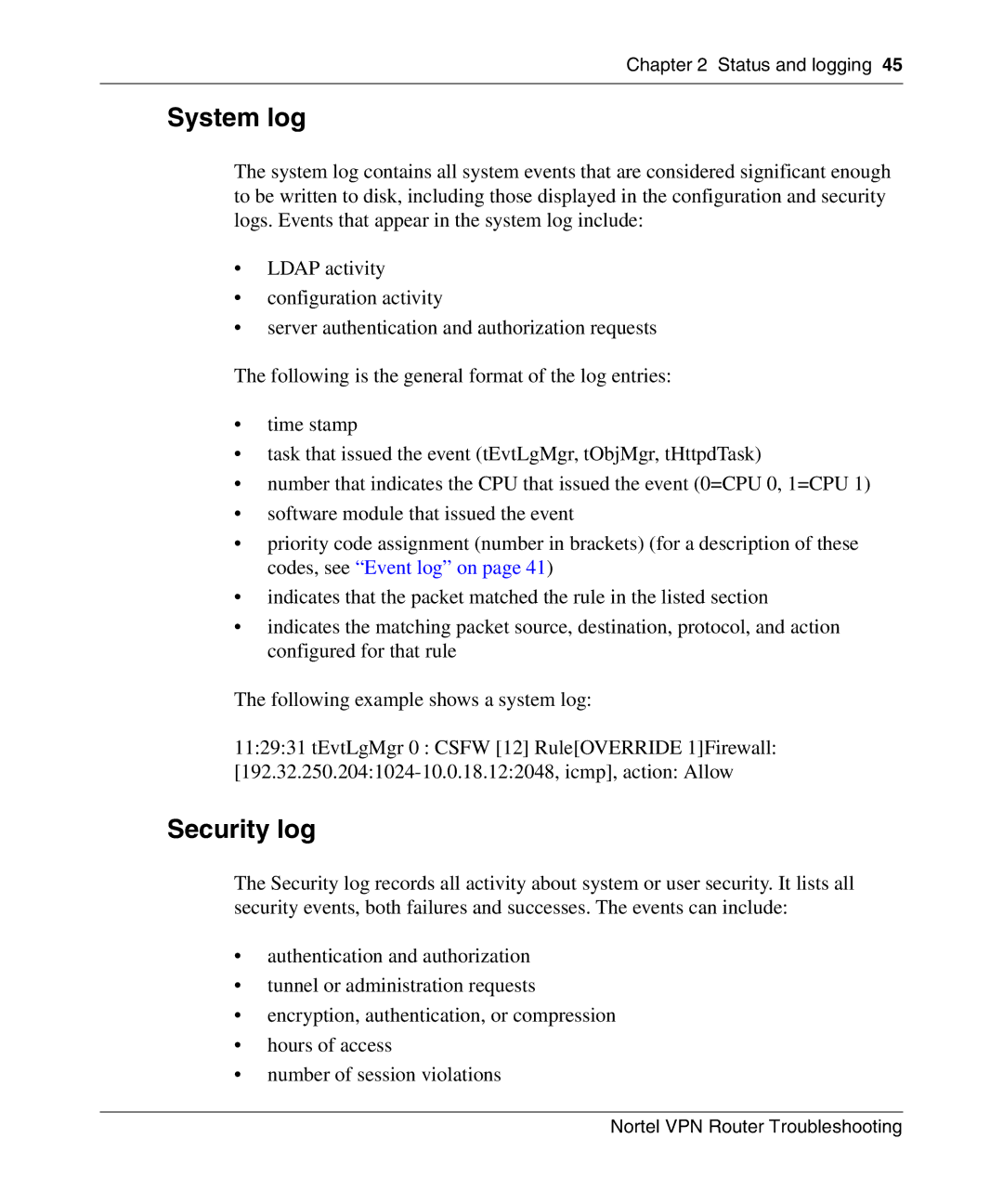 Nortel Networks NN46110-602 manual System log, Security log 